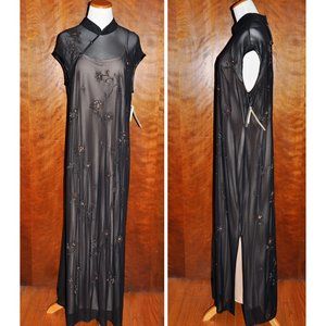 Vintage Amanda Smith Oriental Sheer Black Sequin Beaded Mandarin Gown 2 Piece